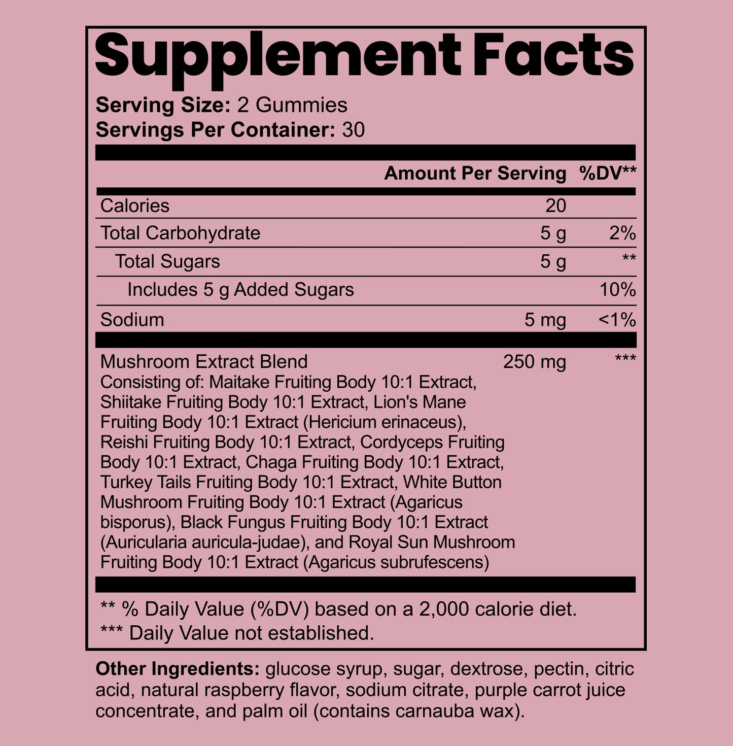 Supplement facts label for gummy vitamins with mushroom extract on a pink background
