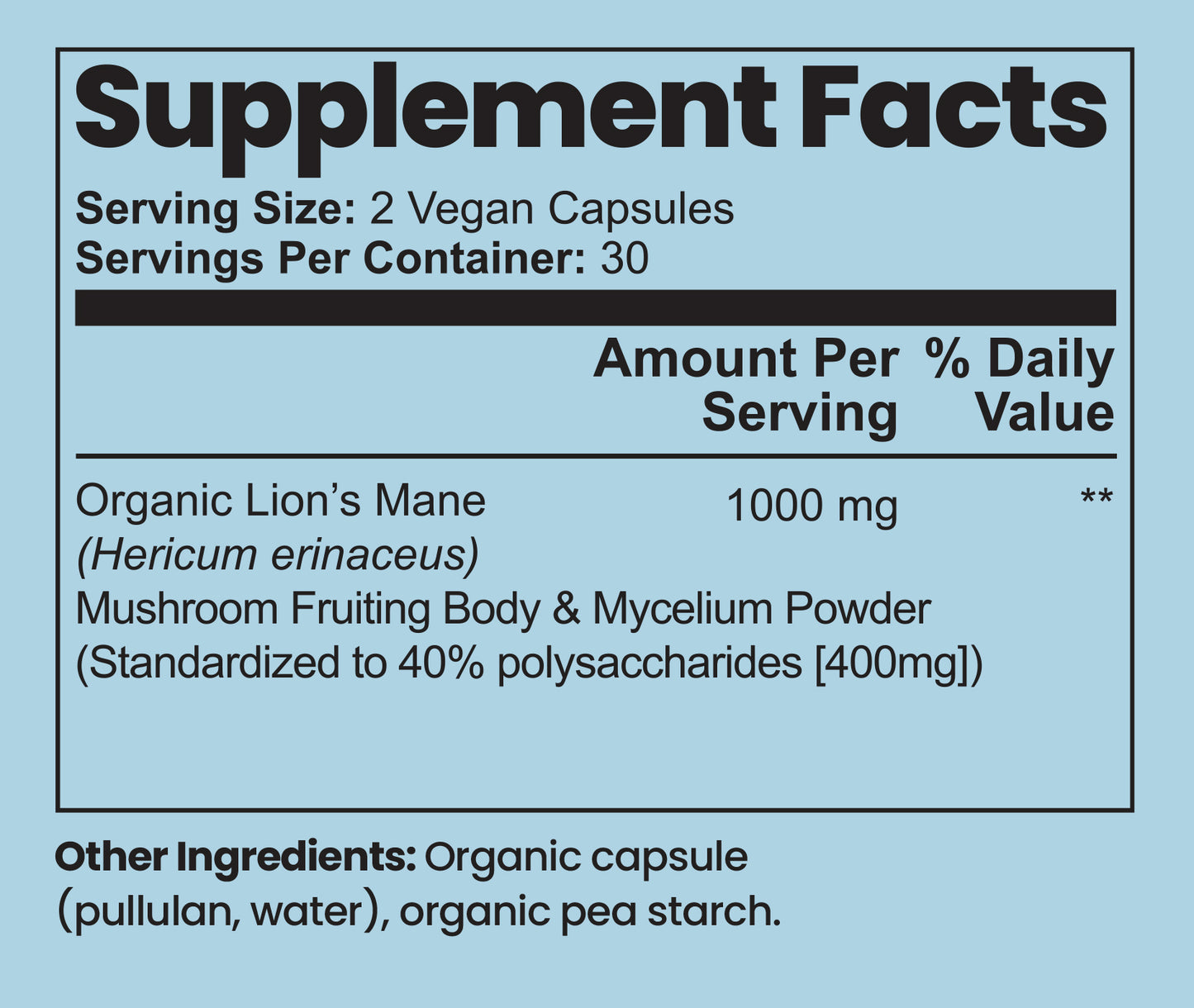 Supplement facts label with organic Lion's Mane and mushroom powder on a light blue background