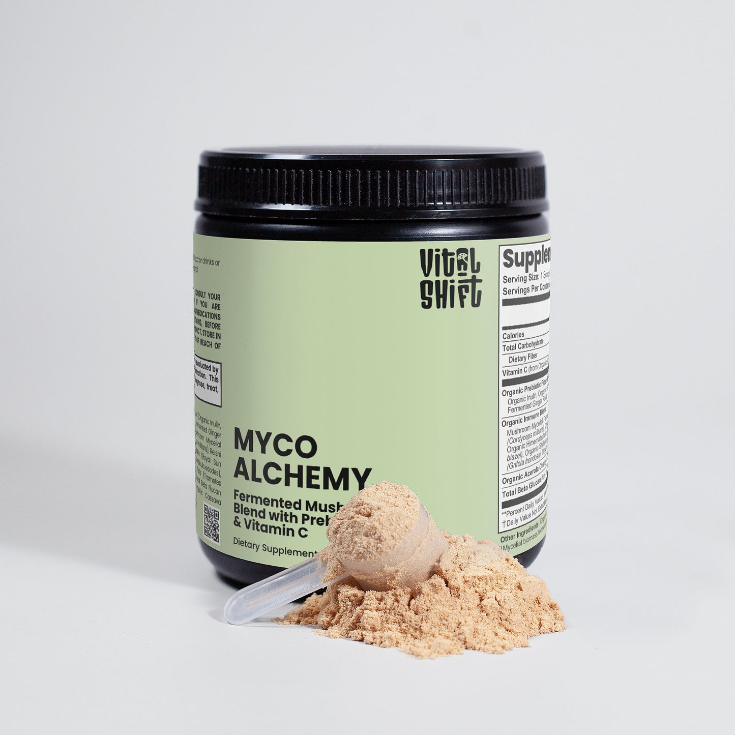 Vital Shift Myco Alchemy supplement with powder on a white background