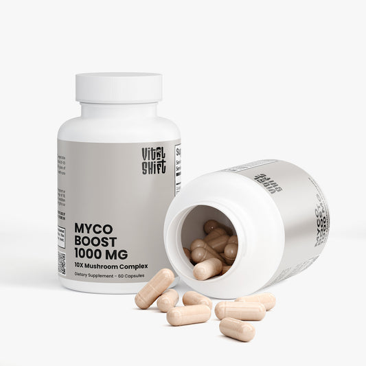 Vital Shift Myco Boost supplement bottle with open cap showing capsules on a white background