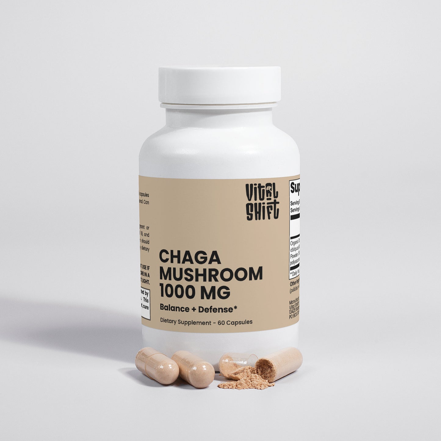 Supplement bottle labeled 'Chaga Mushroom 1000 MG' by Vital Shift on a light gray background