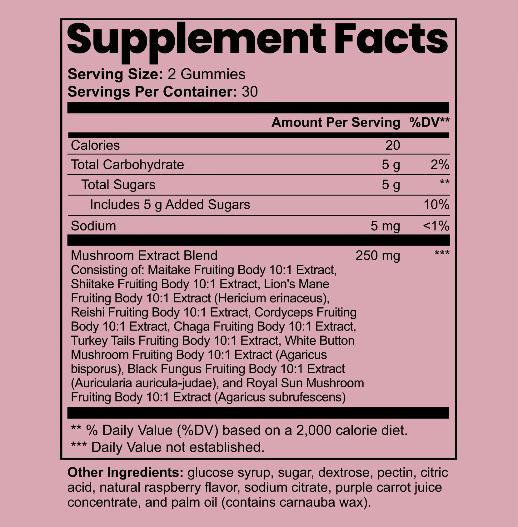 Supplement facts label for gummy vitamins with mushroom extract on a pink background