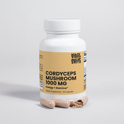 Supplement bottle labeled 'Vital Shift' with cordyceps mushroom on a light gray background
