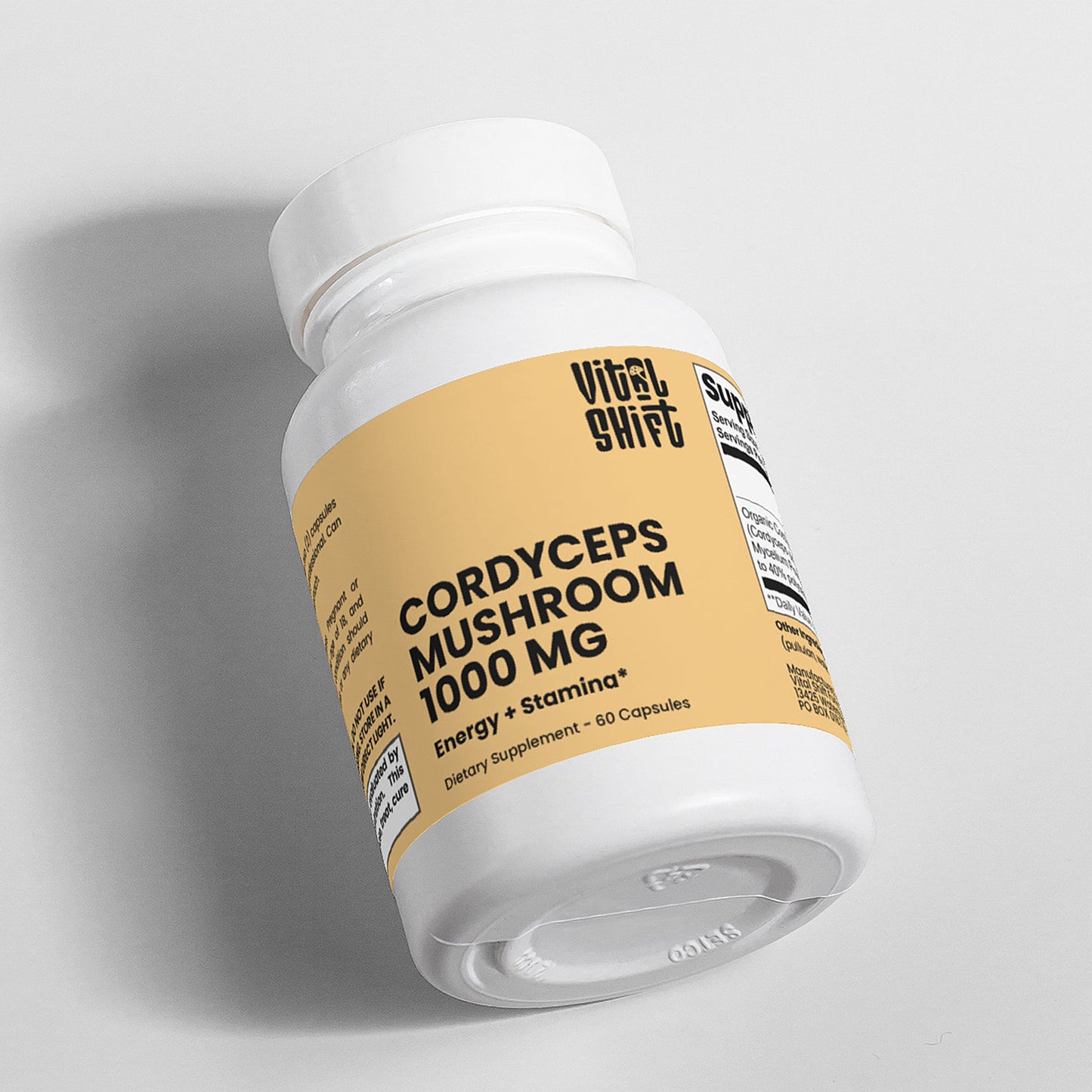 Supplement bottle labeled 'Vital Shift Cordyceps Mushroom 1000 MG' on a gray background