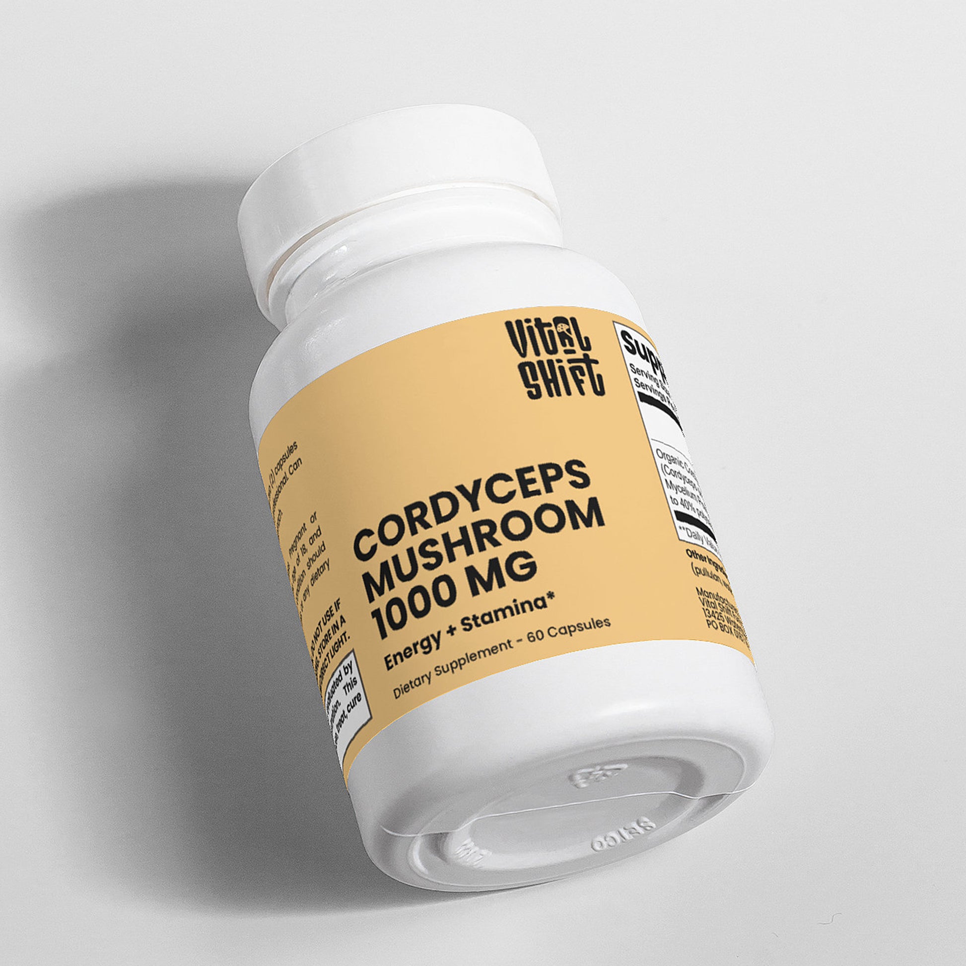 Supplement bottle labeled 'Vital Shift Cordyceps Mushroom 1000 MG' on a gray background