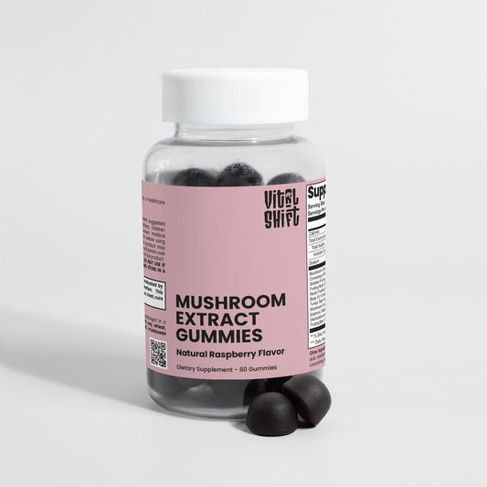 Bottle of Mushroom Extract Gummies with a pink label on a light gray background