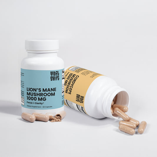 Vital Shift Lion's Mane and Cordyceps Bundle bottles with capsules on a white background