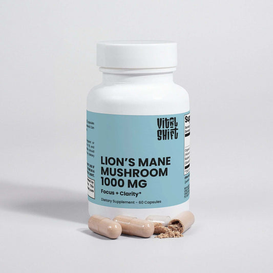 Vital Shift supplement bottle labeled 'Lion's Mane Mushroom 1000 MG' by Vital Shift on a light gray background.