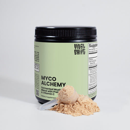 Vital Shift Myco Alchemy supplement with powder on a white background