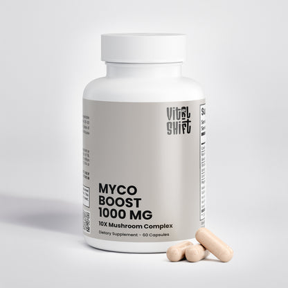 Supplement bottle labeled 'Myco Boost 1000 MG' by Vital Shift on a light gray background.