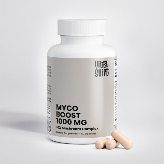 Supplement bottle labeled 'Myco Boost 1000 MG' by Vital Shift on a light gray background.