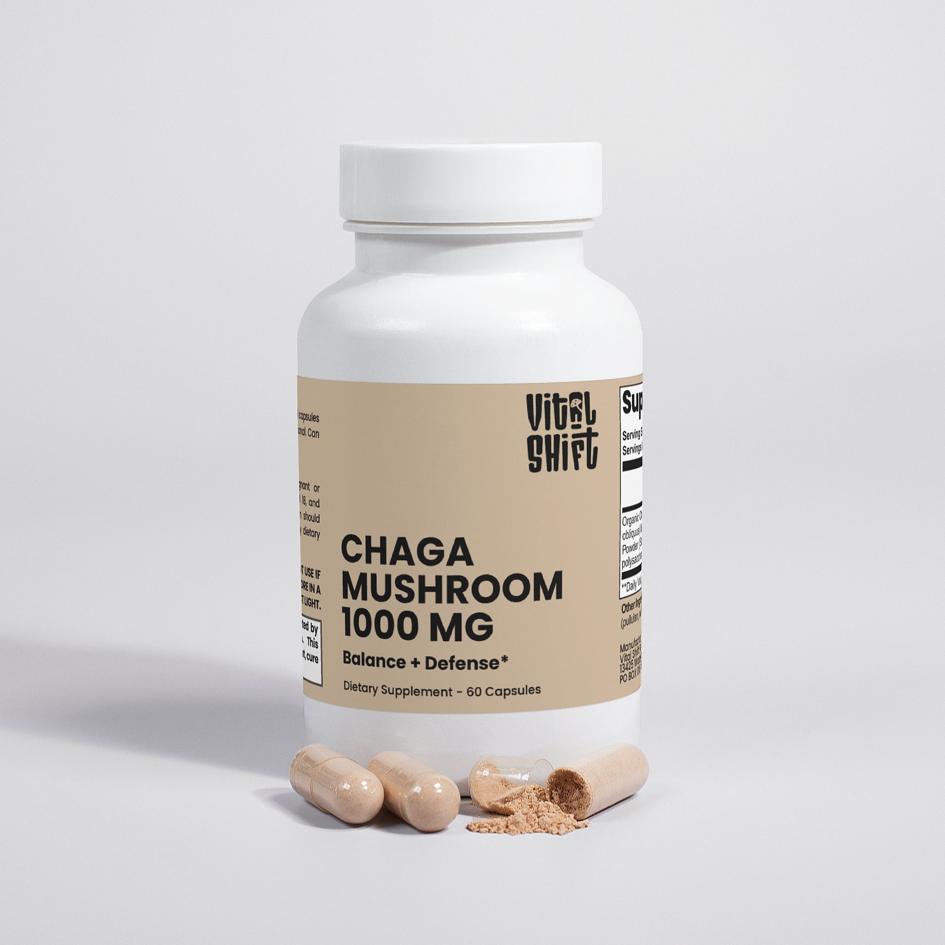 Supplement bottle labeled 'Chaga Mushroom 1000 MG' by Vital Shift on a light gray background