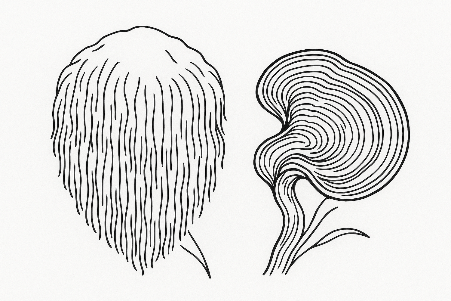 trendy line drawing of lion's mane and reishi mushrooms